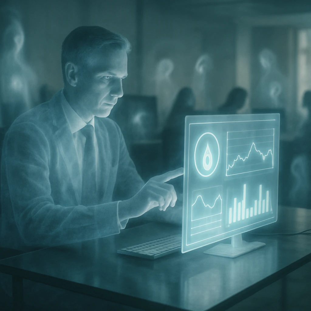 半透明のオフィスワーカーが幽界風のオフィスで発光するダッシュボードを操作している写真。