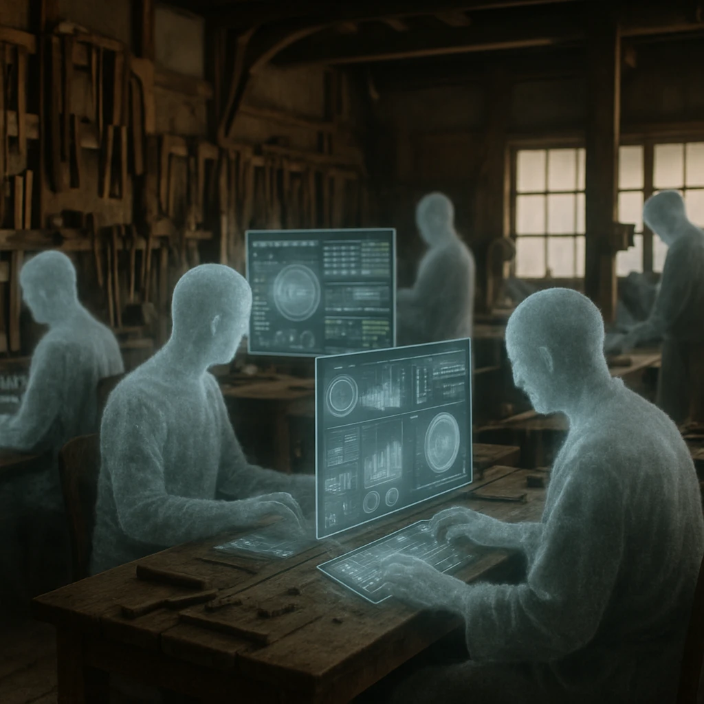 古い日本風工房の中で、幽霊のような透けた職人たちがデジタル機器やホログラム操作を行う様子の写真。