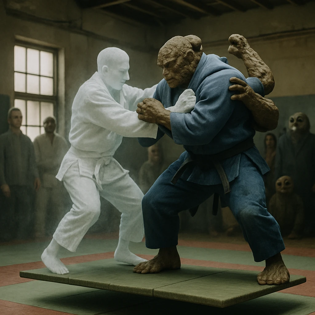 宙に浮く畳の上で半透明の幽霊柔道家と四本腕の妖怪が組み合う様子を捉えた臨場感あふれる写真。