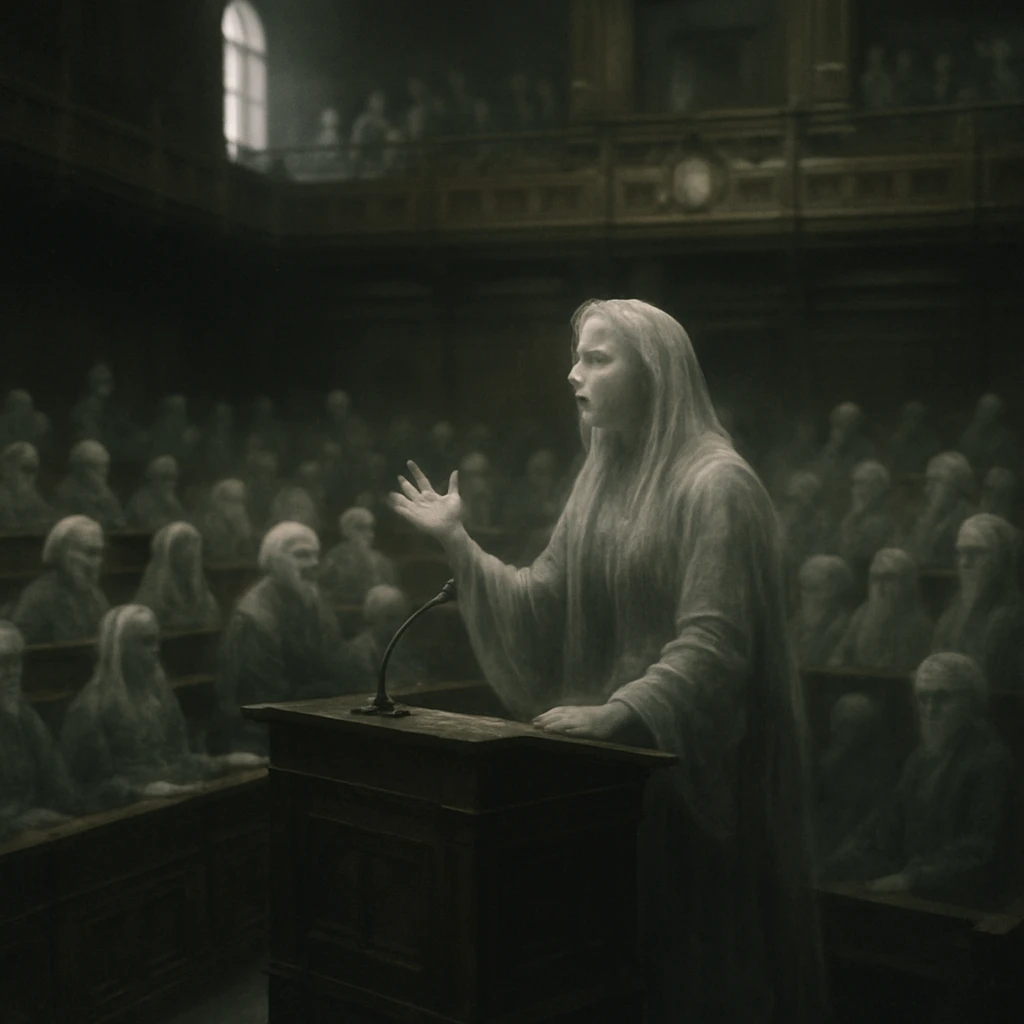 薄暗い議場で半透明の死者たちが集まり、中央でバンシーの女性が演説している写真風の情景。