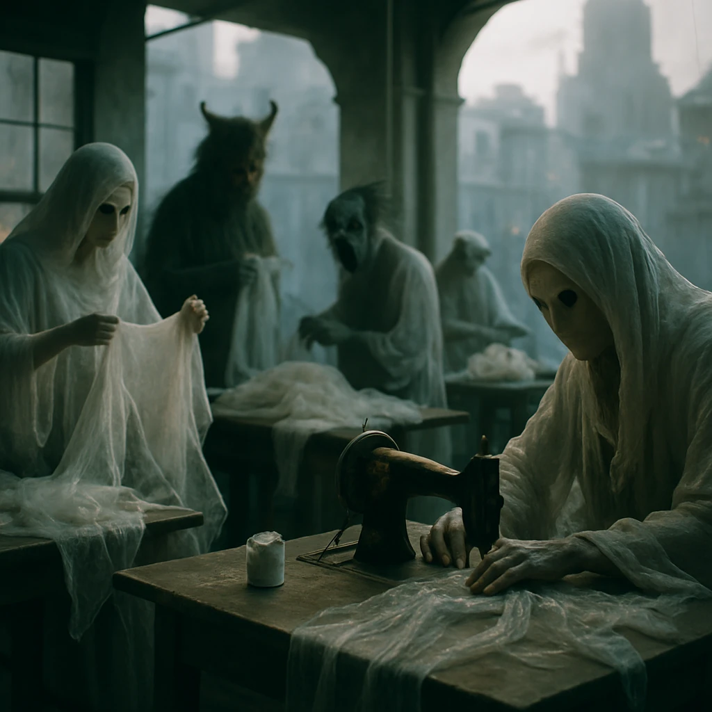 薄暗い冥都の工房で霊体と妖怪たちが透ける布で服を作っている様子の写真。