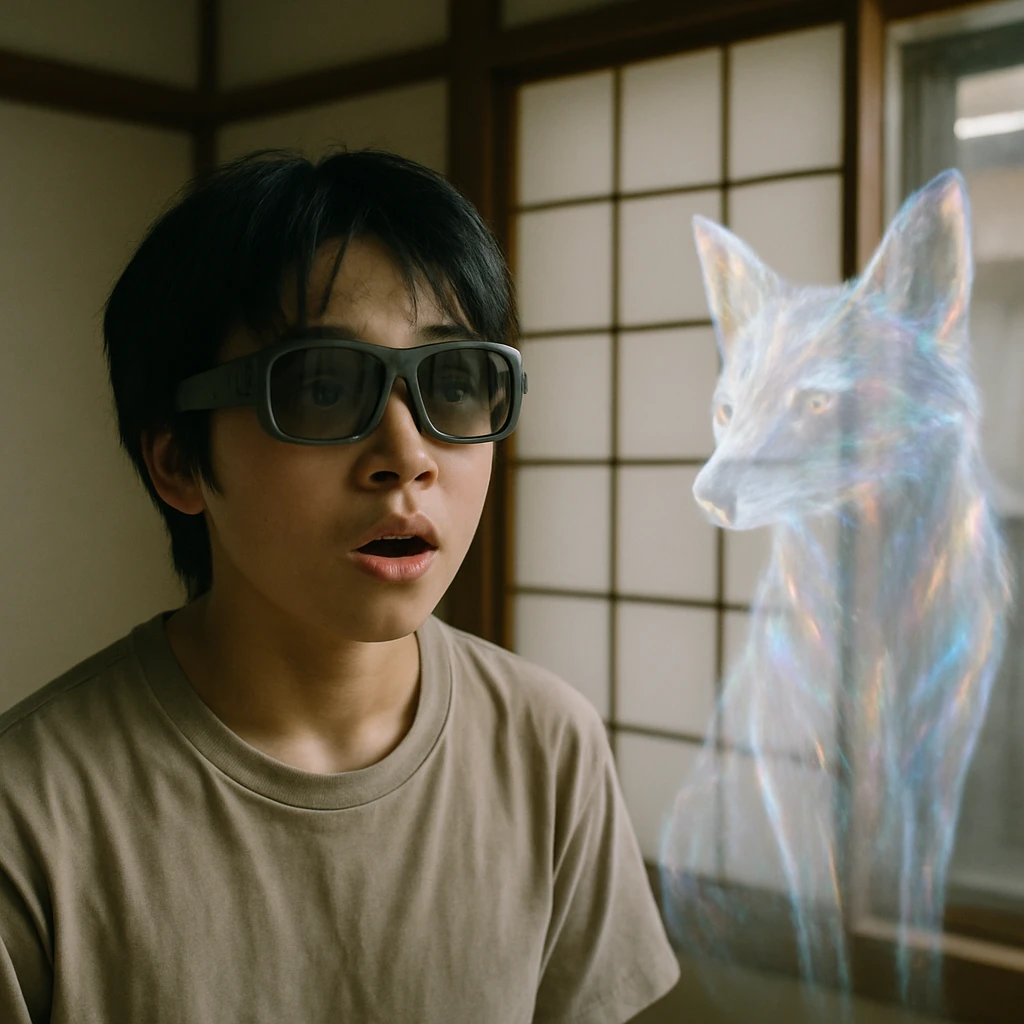 最先端のスマートグラスをかけた若者の隣に、半透明で光の模様をまとったキツネ型の幻影が現れている場面。
