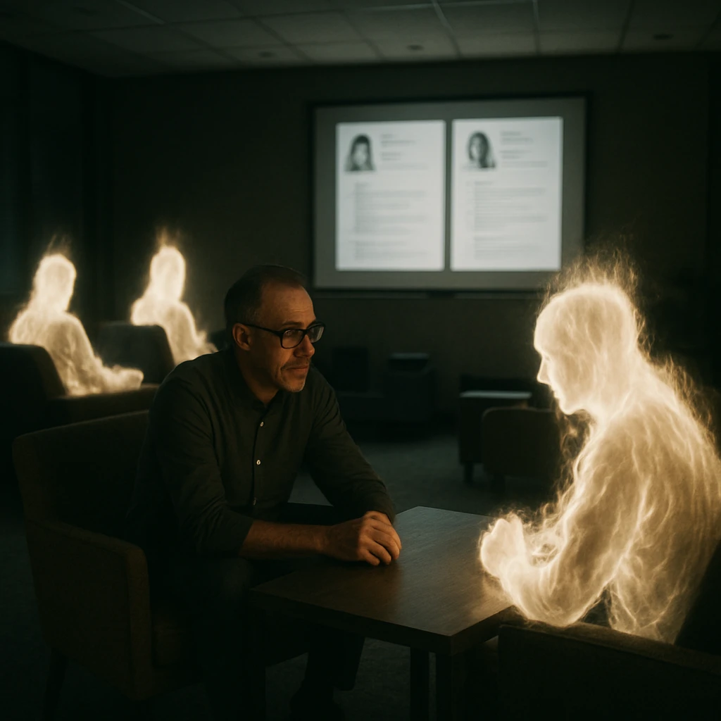 薄暗いオフィスのラウンジで、白い炎をまとった霊人たちが椅子に座り、壁に投影された履歴書を静かに眺める様子。