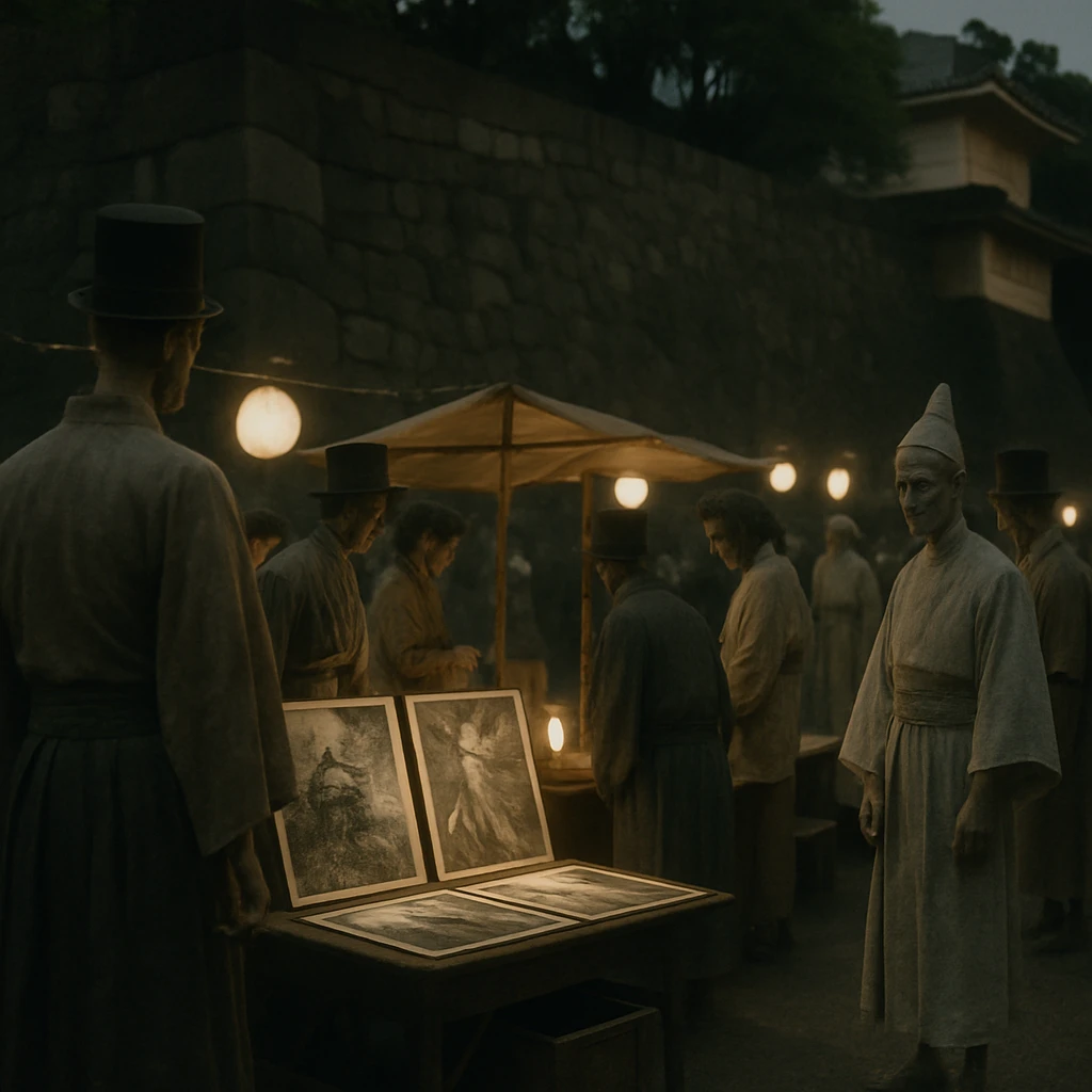 夜の江戸城跡地で、和洋折衷の衣装を着た幽霊たちが露店や浮世絵アートを囲む様子の写真。