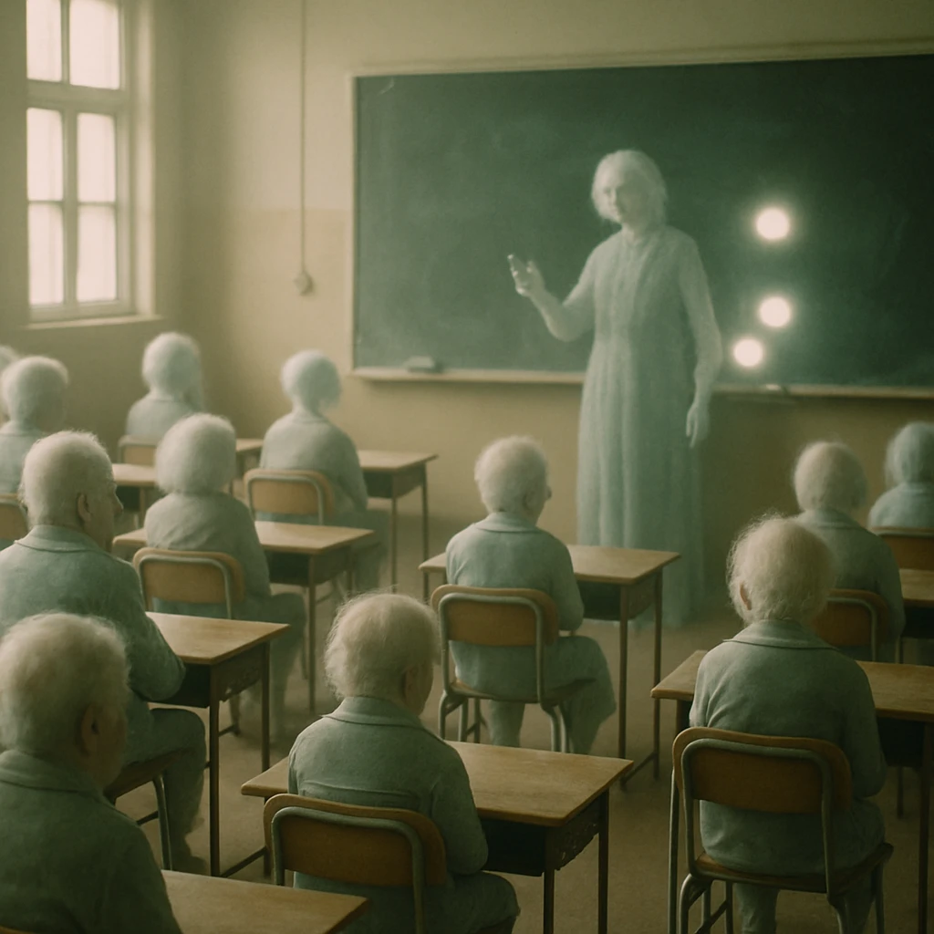 小学校の教室で半透明の高齢な幽霊たちが新入生として着席し、教壇に教師が立っている様子のリアルな写真。