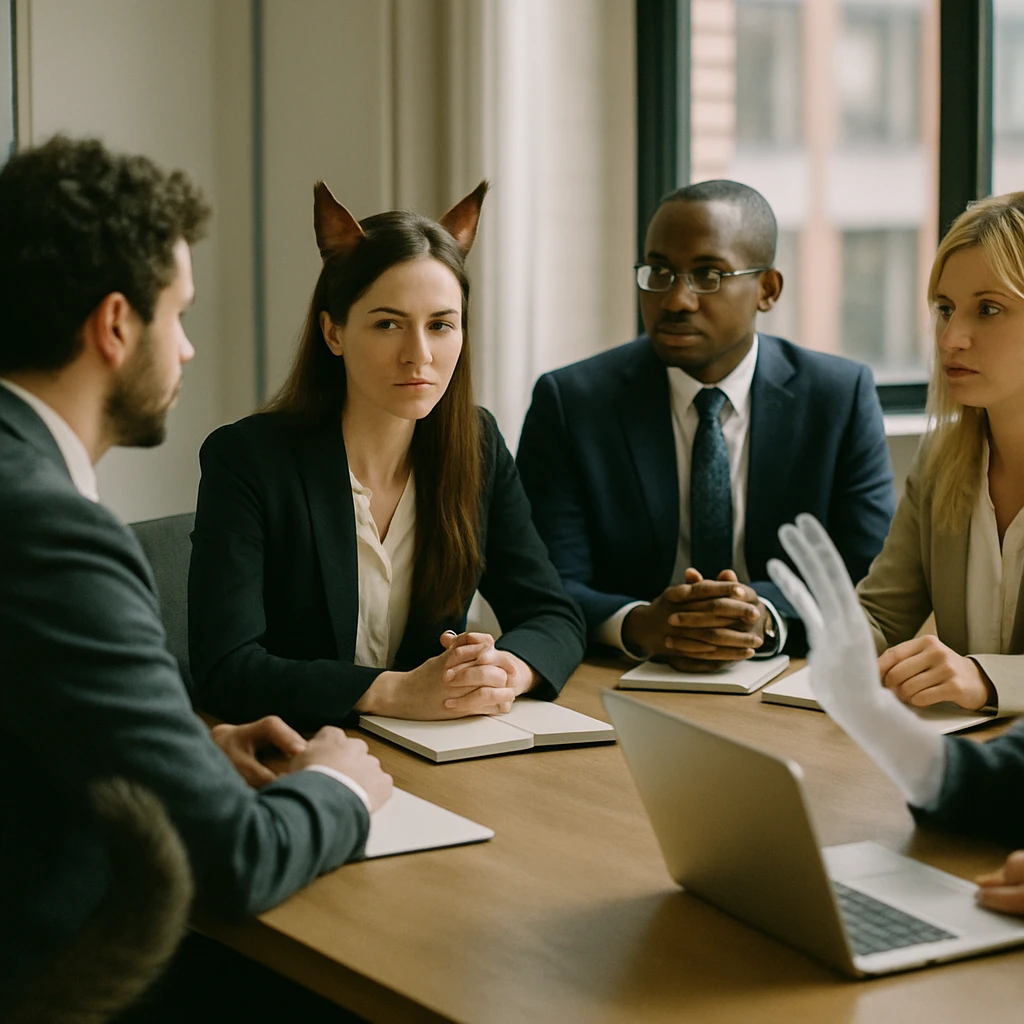 会議室で動物の耳やしっぽ、半透明の手を持つ社員たちが真剣に話し合っている様子の写真。