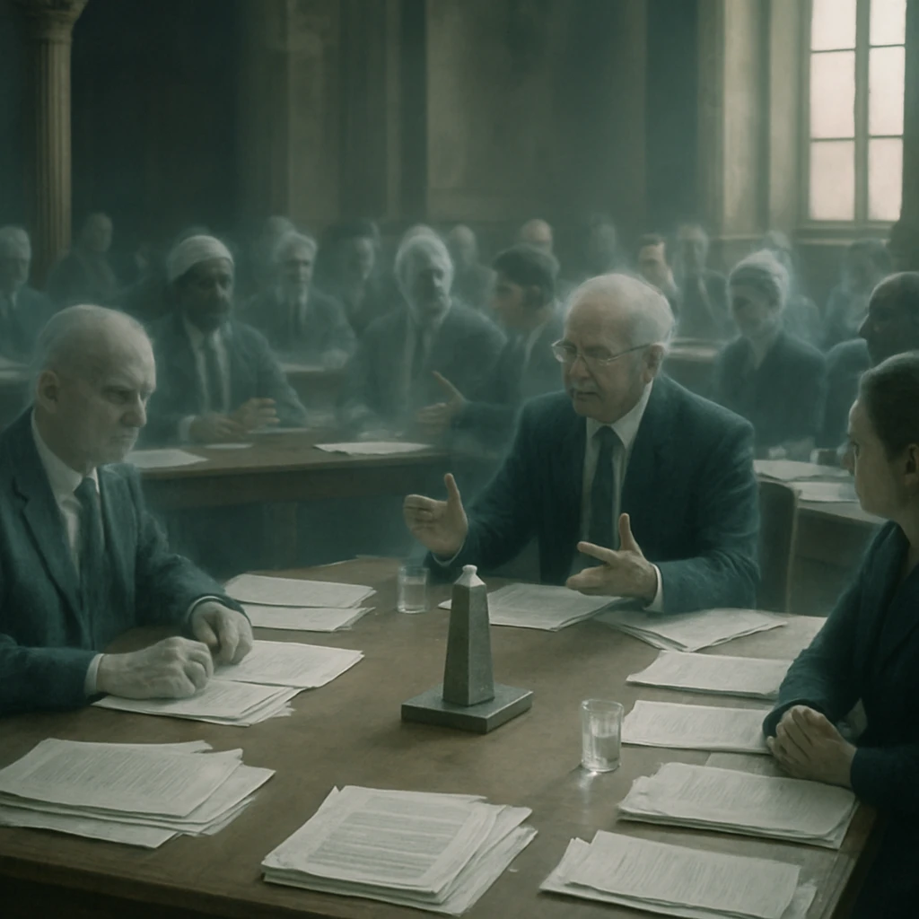 幽界の議場で、霊体の代表者たちが長テーブルを囲み、幽界鋼鉄のサンプルを前に会議をしている様子。