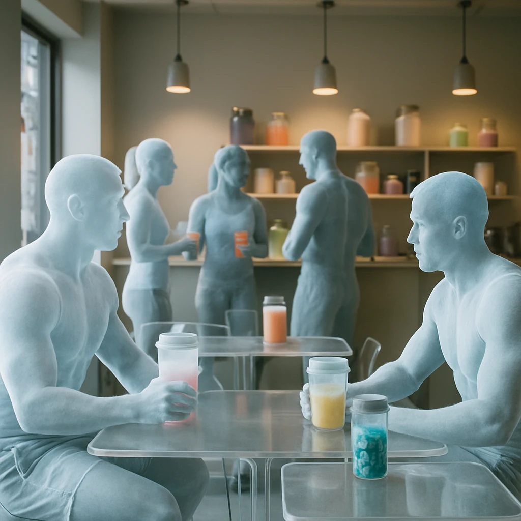 薄明かりのカフェで半透明な幽霊アスリートたちがサプリドリンクを楽しんでいる様子の写真。