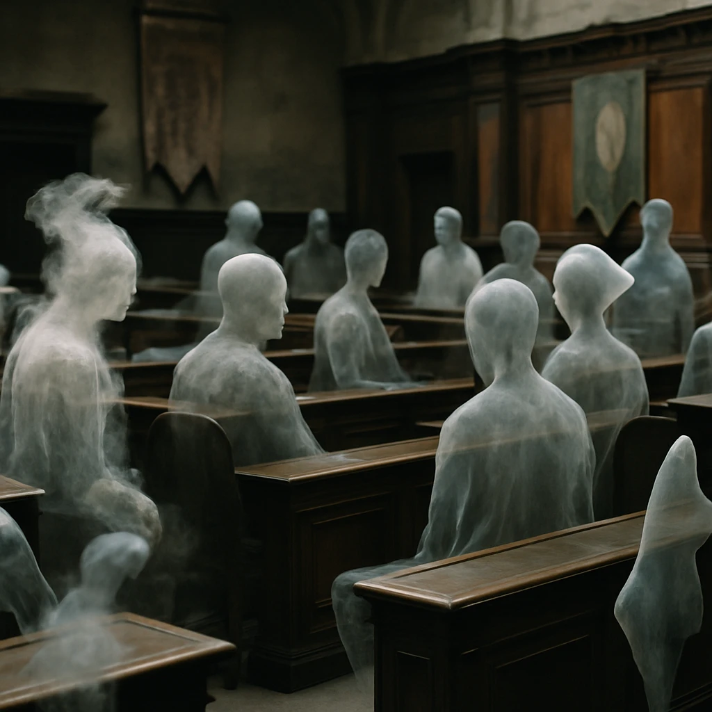 さまざまな姿や形の半透明な存在たちが歴史的な議場で集まり議論している様子の写真。