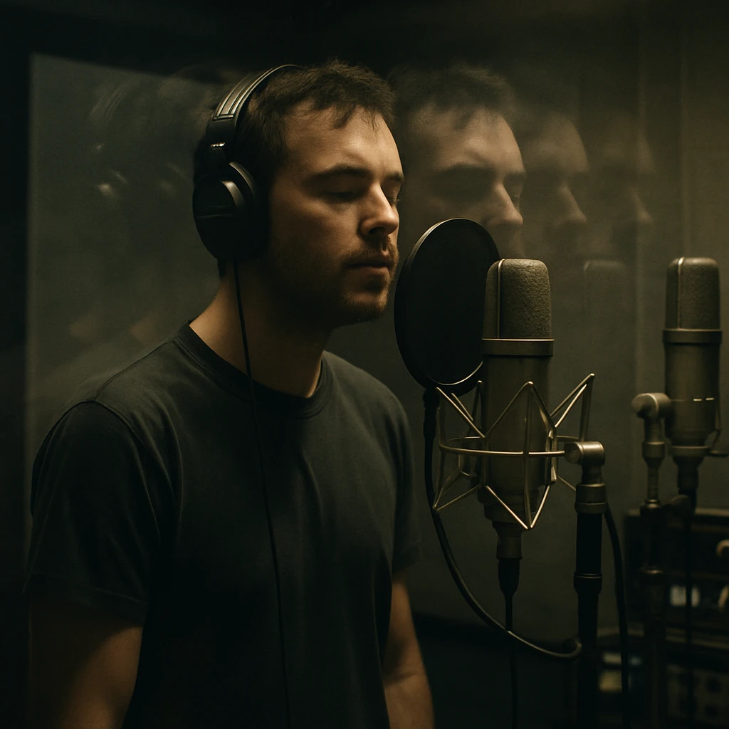防音ブースの中でヘッドホンを着けた男性歌手が複数のマイクに囲まれ、ガラス越しに幽霊のような反射が重なって見える写真。