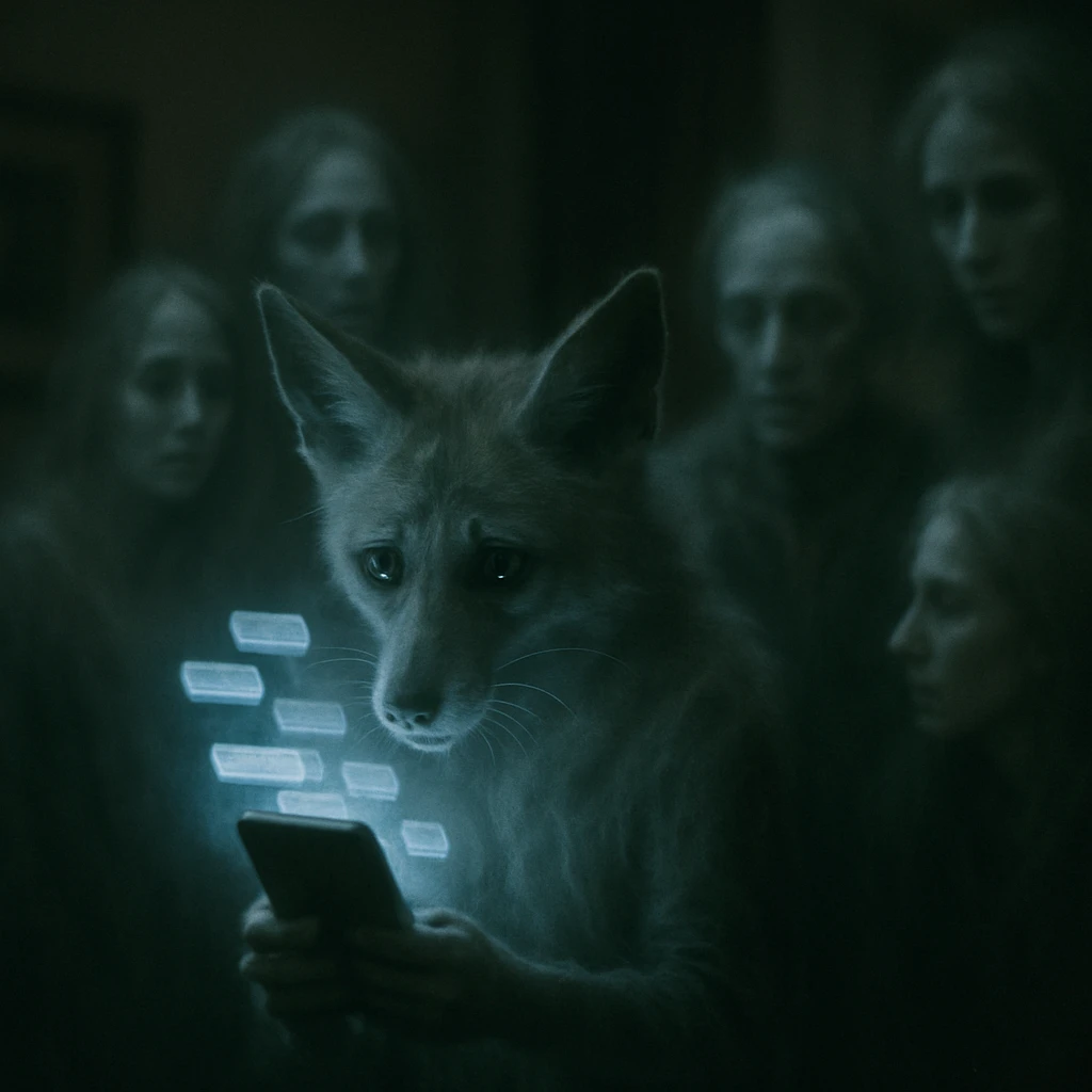 薄暗い部屋で妖狐の霊がスマートフォンに無数の通知が届いている様子を不安そうに見つめている。