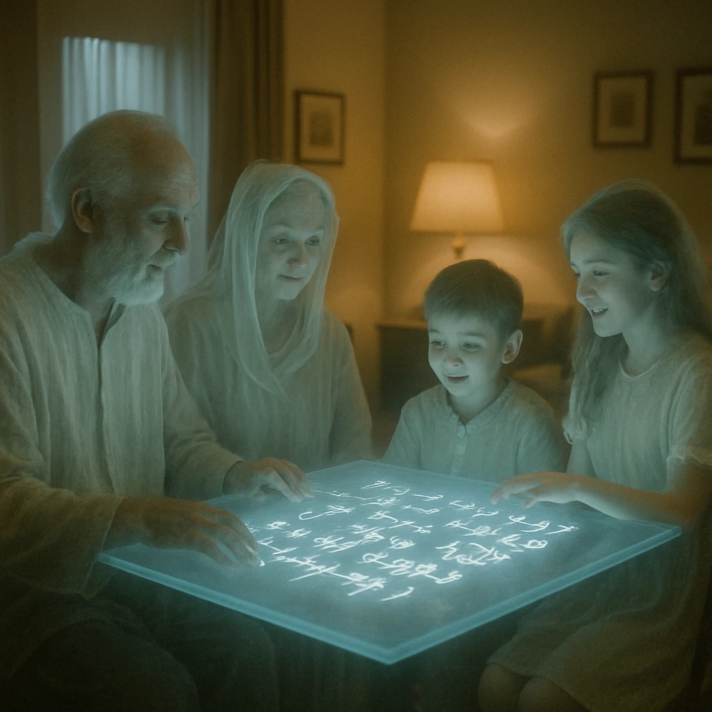 温かみのある部屋で、半透明の浮遊テーブルを囲んで世代の異なる幽界の家族たちが集まり、魂の文字が中空に浮かぶ様子の写真。