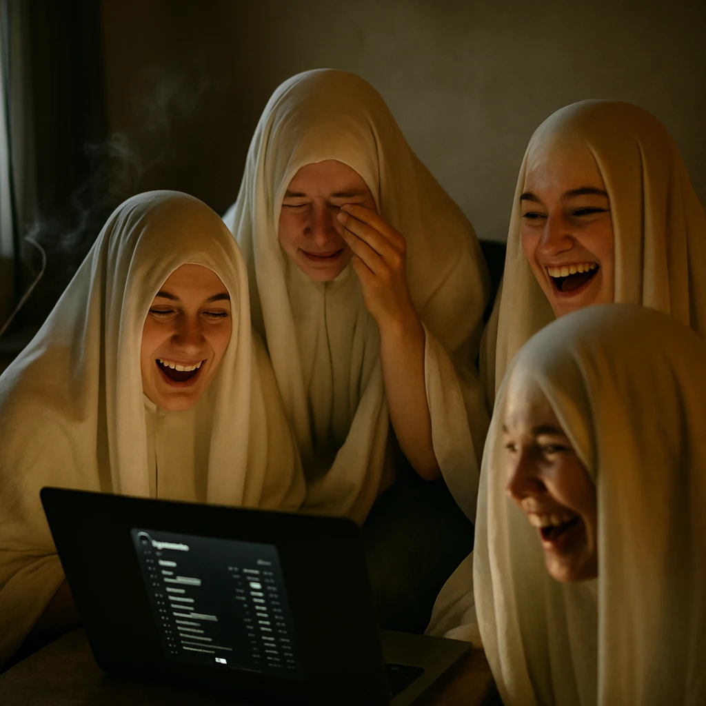 幽霊のような姿の人々が薄暗い部屋でノートパソコンの画面を囲んで集まり、やわらかい光に照らされ笑ったり涙を拭ったりしている様子。