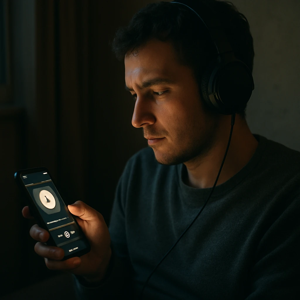 ヘッドフォンをつけて薄暗い部屋でスマートフォンを見つめる人のリアルな写真。