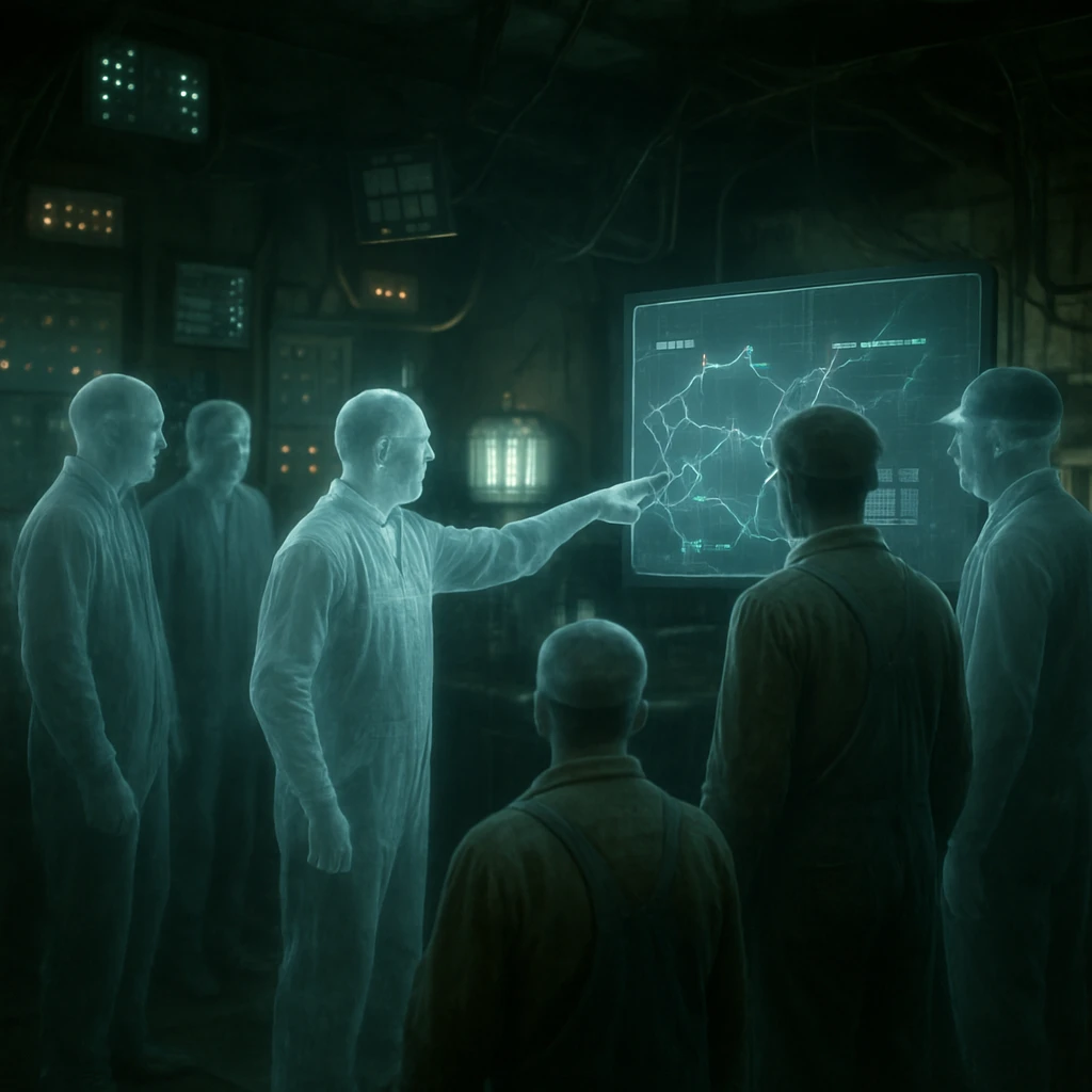 幽霊技師たちが制御室で発光する制御盤を囲みながら会議する様子の写真。