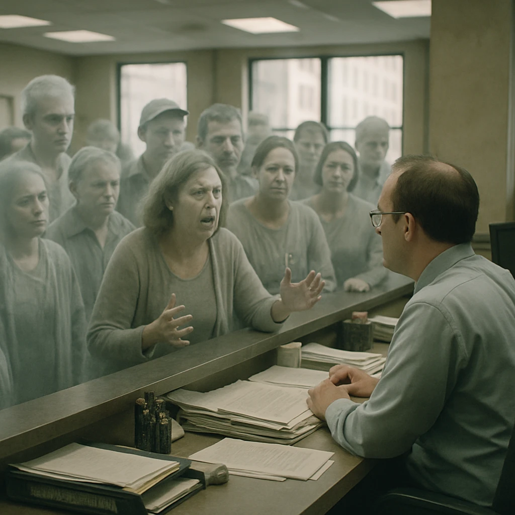 幽霊の姿をした人たちが役所の窓口で職員に相談や苦情を伝えている様子の実写風写真。