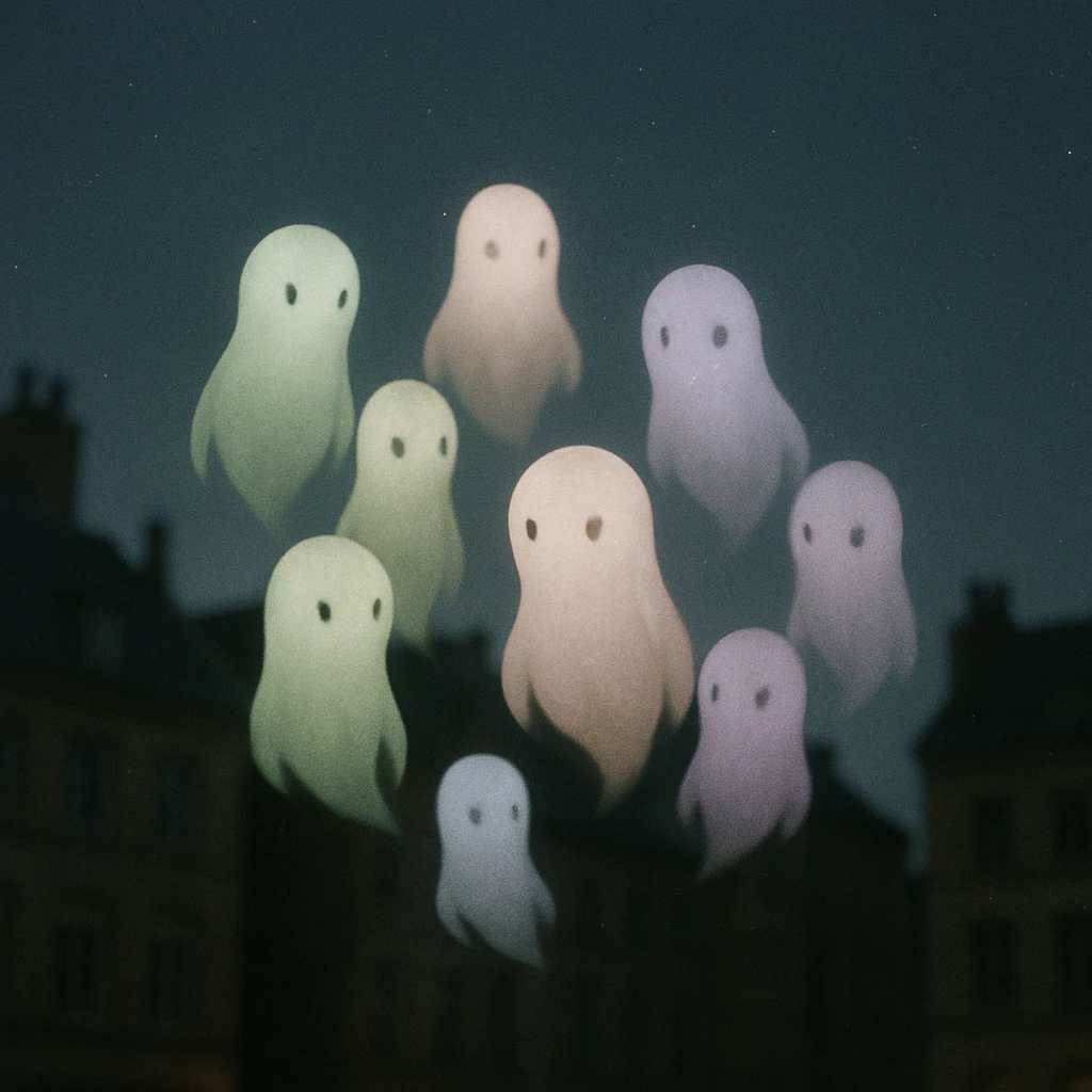 夜の都市の上空を優しい色合いで浮遊する複数の火の玉が、互いに寄り添いながら漂っている様子。