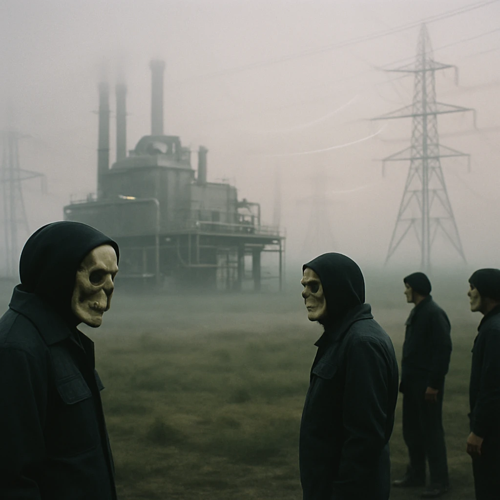 霧の広がる原野で未来的な発電所を見守る死神たちのリアルな集団写真。