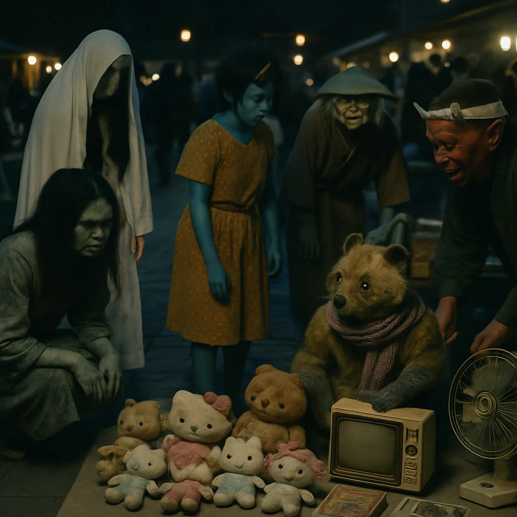月明かりの石畳で昭和レトロ風の服を纏った妖怪や幽霊たちがレトログッズを売買している蚤の市の様子。