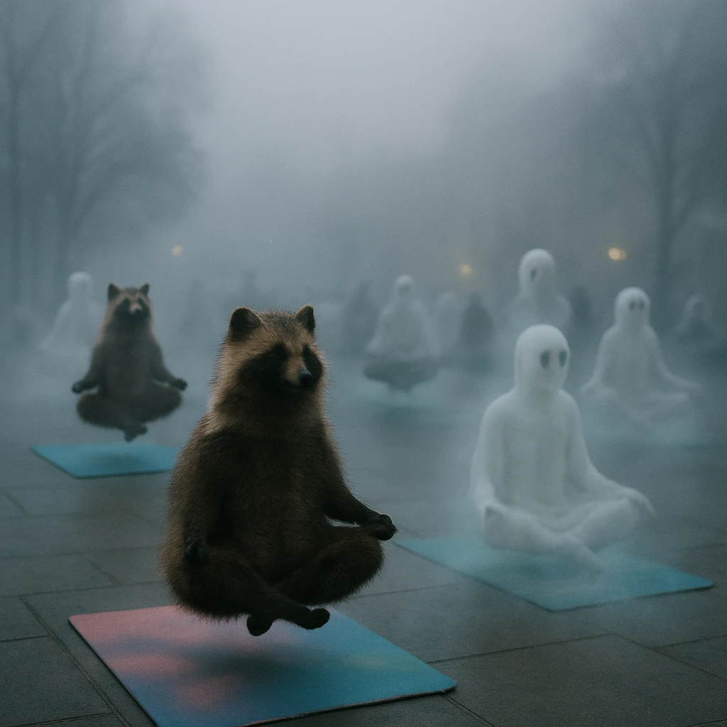 早朝の霧の広場で、化け狸や幽霊の姿がカラフルなヨガマットの上で浮遊しながらヨガをしている様子の写真。