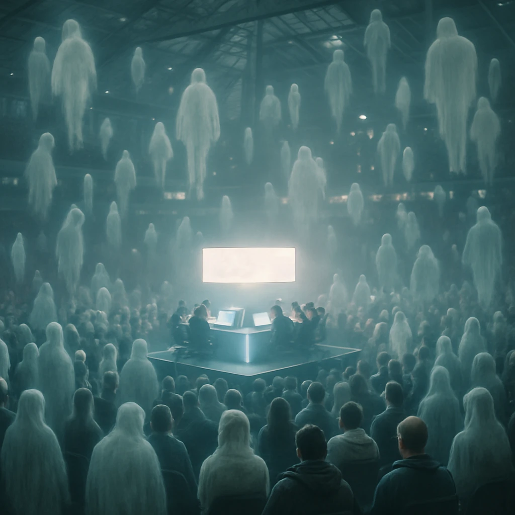 透明な構造のスタジアムで、幽霊たちが浮遊しながらeスポーツの試合を観戦している様子。