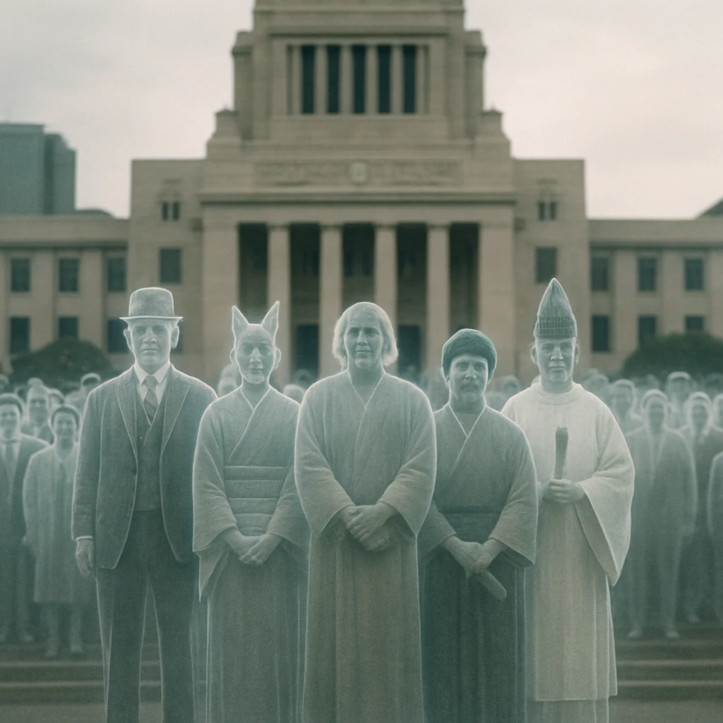 異界の国会議事堂前に集結した幽霊や妖怪の議員や支持者たちの実写写真風イメージ。