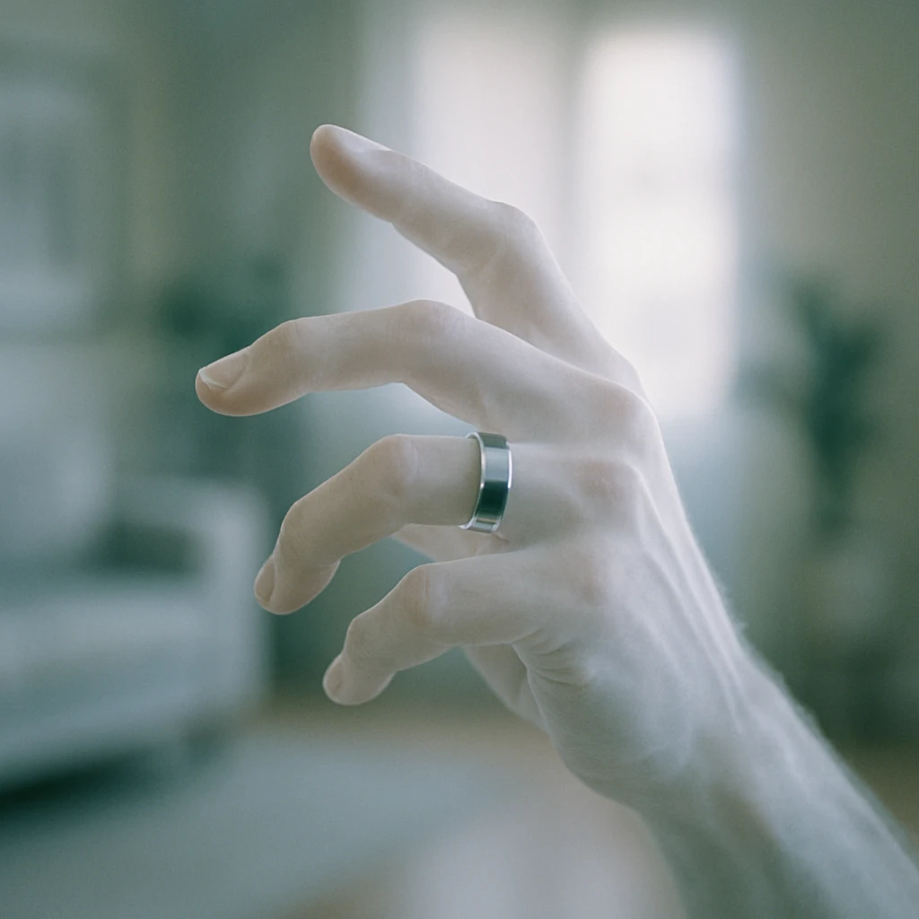 透明なスマートリングをはめた半透明の幽霊の手が中空で指ジェスチャーをしている写真。