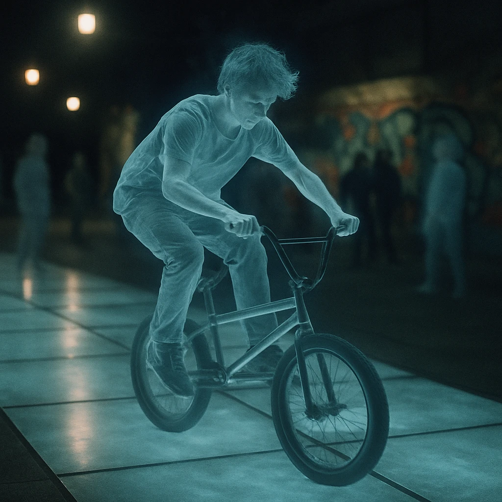 夜の薄明かりに照らされた透明な空中歩道でBMXトリックを披露する幽霊の若者と、周囲で見守るぼんやりとした妖怪たちの様子。