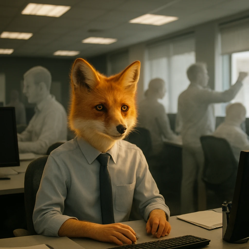 オフィスのデスクで発光するキツネ族の若い職員が、ほかの死者の同僚と距離をとって座っている写真。