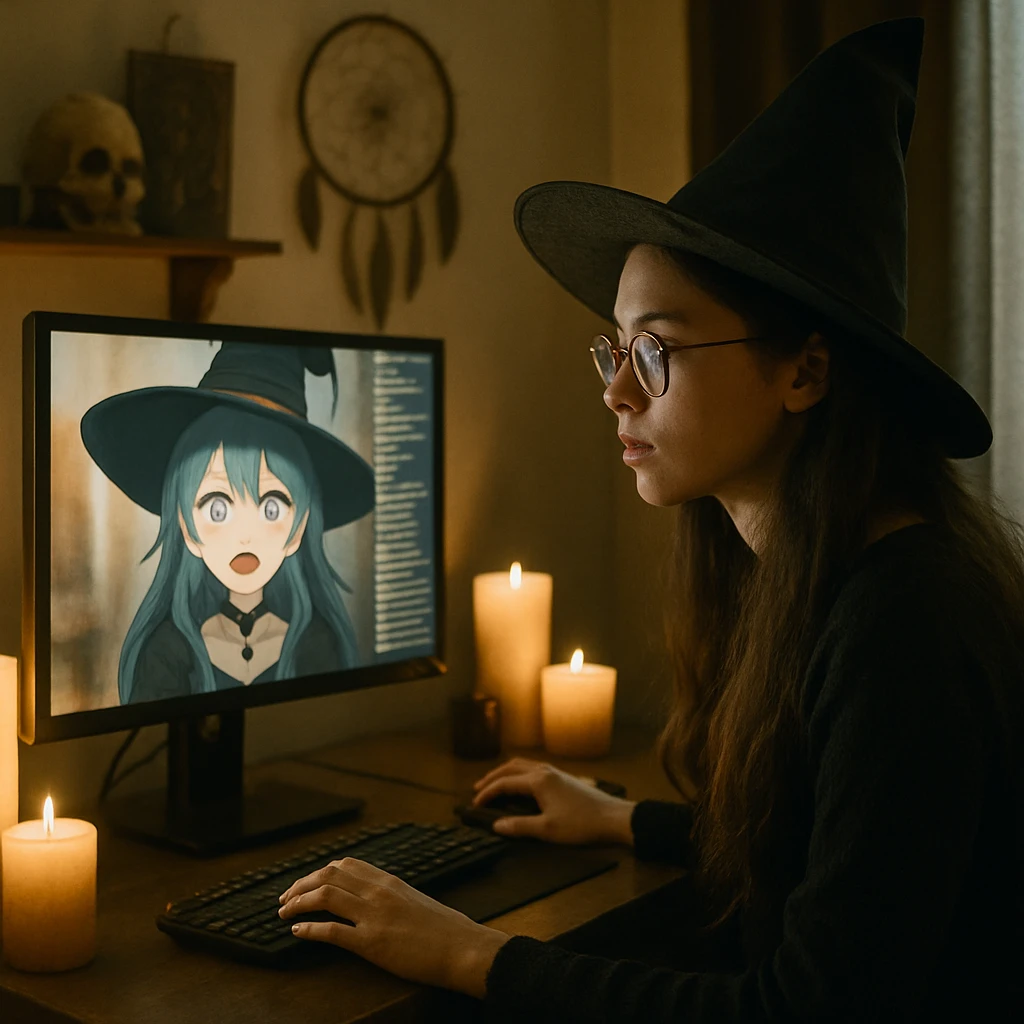 魔女の衣装を着た若い女性がキャンドルの灯りの下、VTuber配信中のパソコン画面を見つめている写真。