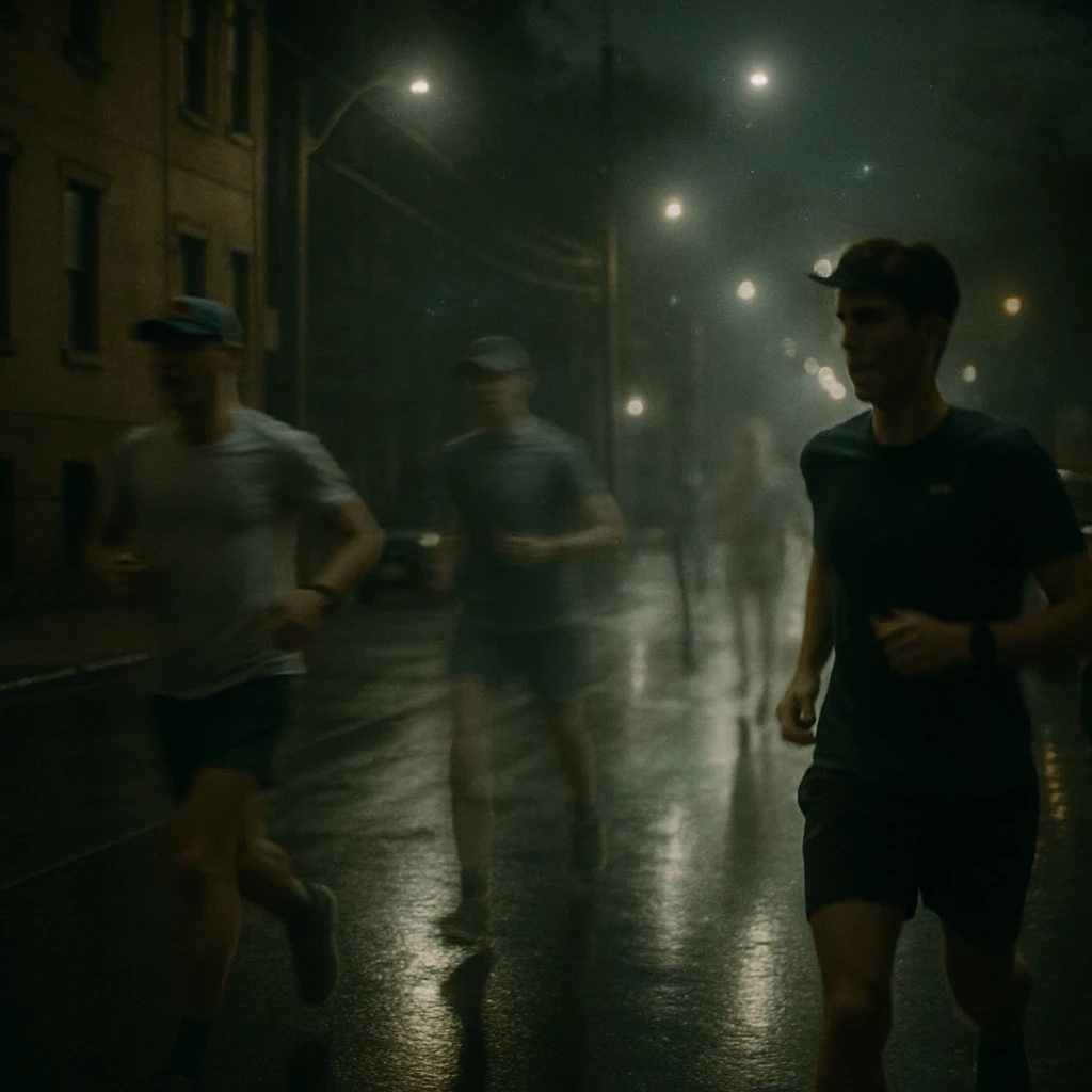 夜の薄暗い都市通りを駆け抜ける半透明のランナーたちが、スポーツウェアとヘッドカメラを身に着けて走っている写真。