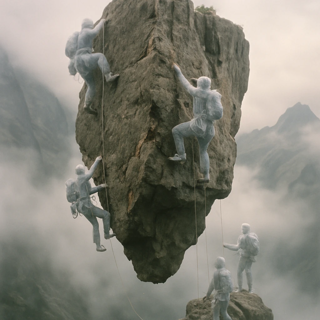 霧に包まれた浮遊する岩壁を半透明なクライマーたちが登っている写真。