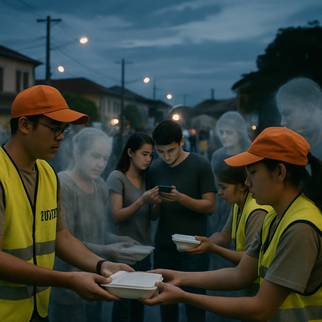 町の広場で複数の人間と半透明な幽霊たちが非常食を配り合い、スマートフォンで台風情報を確認している様子の写真です。