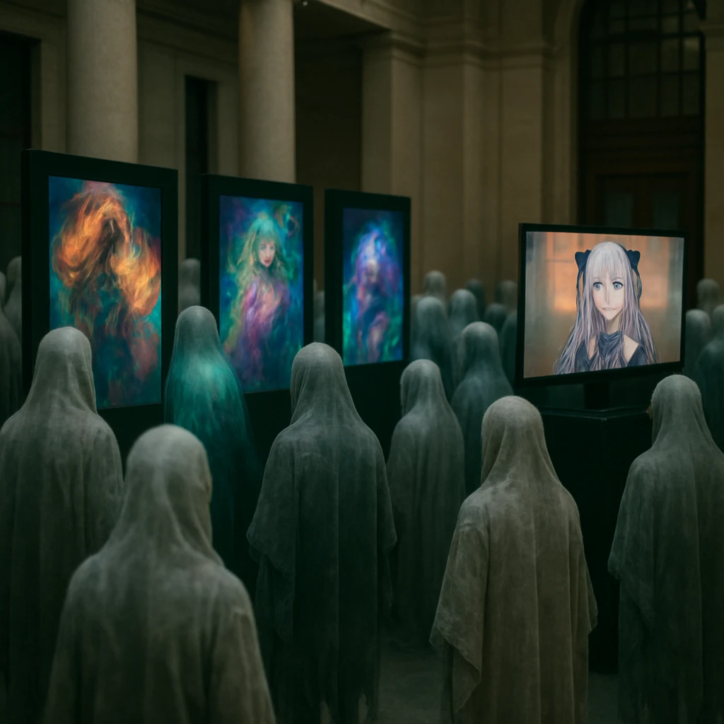 幽界表現省の中央ホールで多くの霊や妖怪たちがファンアート展示を鑑賞している写真。