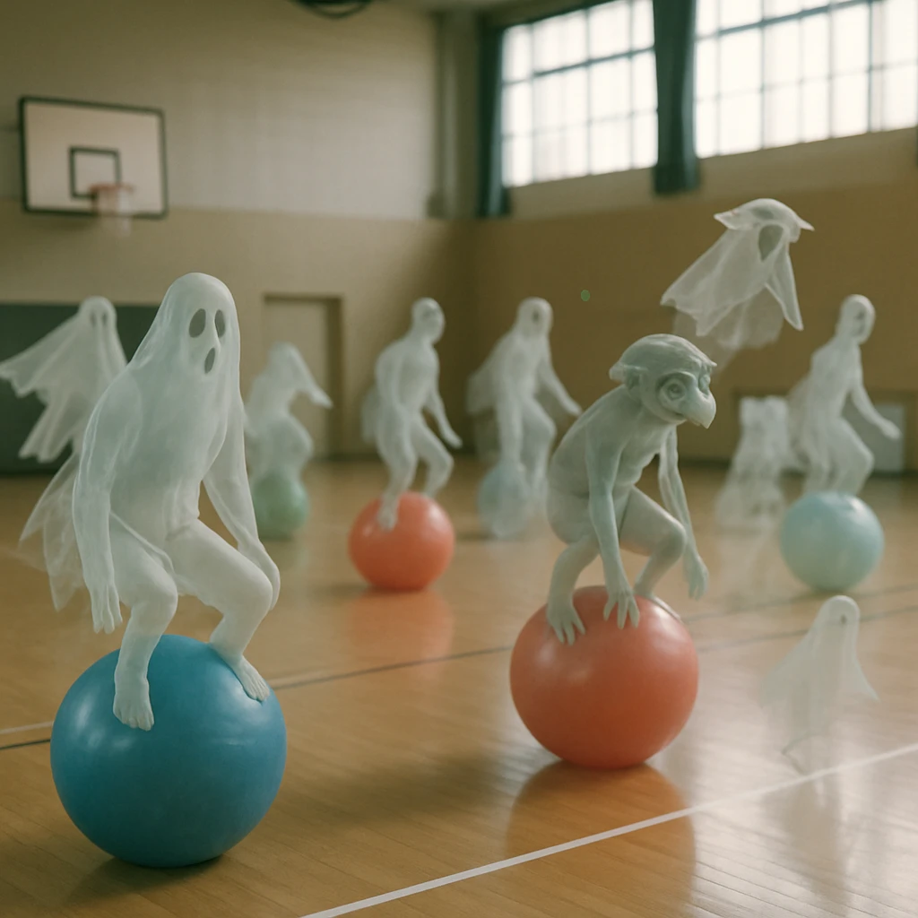 様々な幽霊や妖怪がジムの中でバランスボールに浮かんだり、すり抜けたりしながらヨガに挑戦している写真。