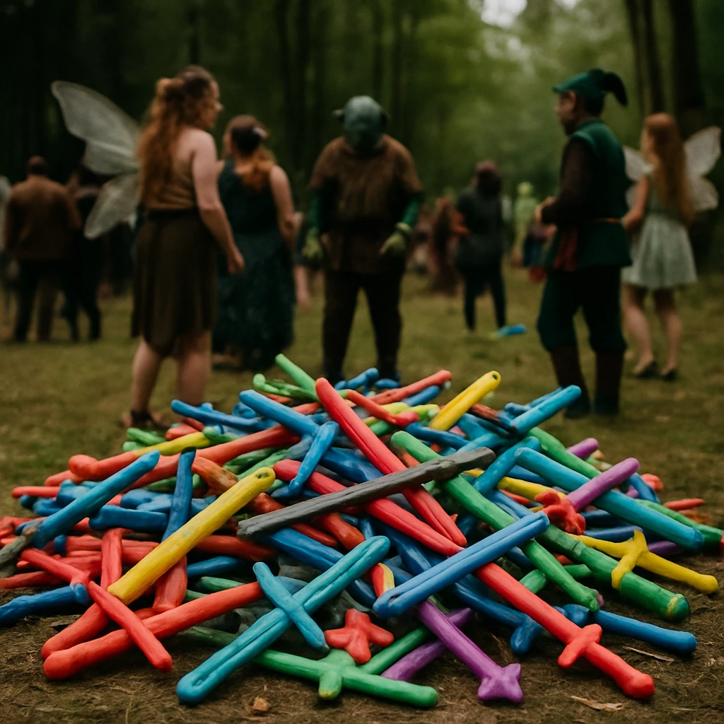 森林の中でカラフルな折れたプラスチック剣が山積みにされ、奥に妖精やゴブリン風の衣装を着た人々が集まっている写真。