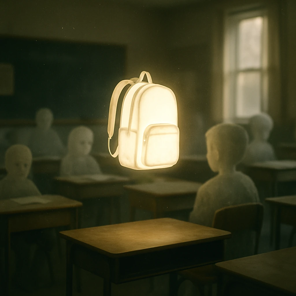 薄暗い教室内で発光しながら宙に浮かぶランドセル型装置と、席に座る半透明の児童たち。