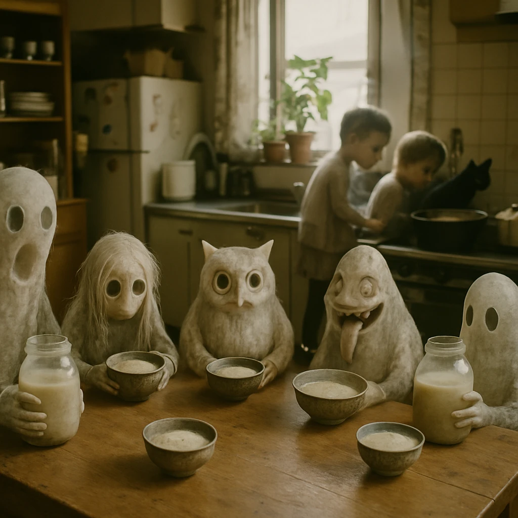 幽霊や妖怪たちが家庭の台所でさまざまな手作り甘酒を囲み、黒猫や子供の霊が発酵中の容器を覗いている様子の写真。