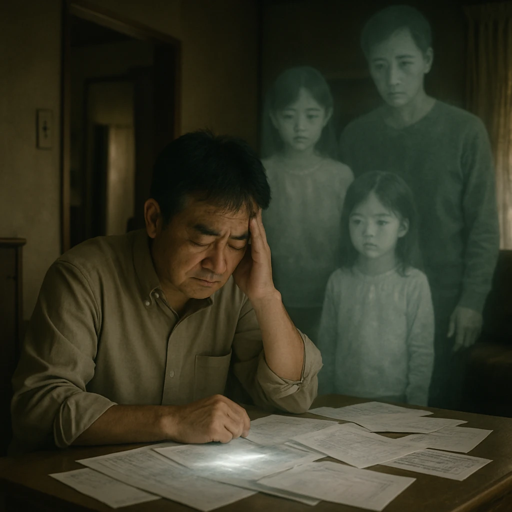 和風の室内で書類を広げて悩む男性と、その周囲に心配そうな表情の半透明な家族の霊が集まっている写真。