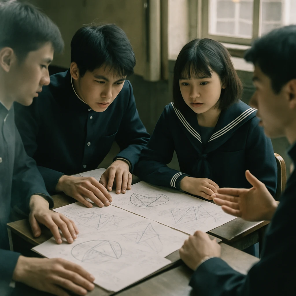 日本の高校の教室で幽霊のような生徒たちが数式や図形の描かれた机を囲んで議論している様子の写真。