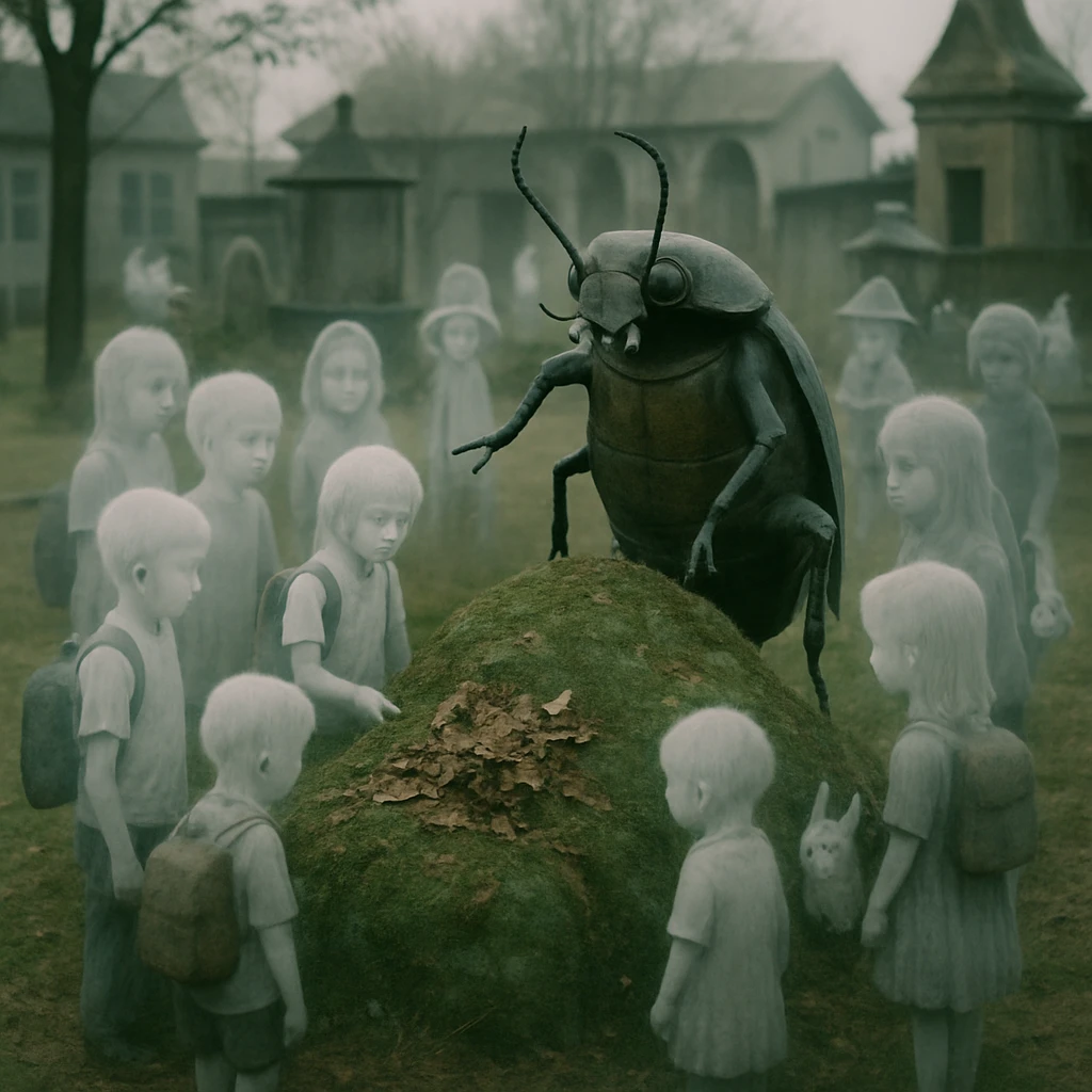 古墳跡地のビオトープで、幽霊の小学生たちとコガネムシの先生が屋外授業をしている様子。