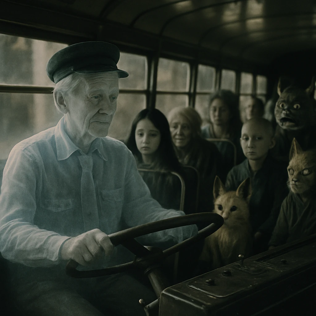 黒塗りのクラシックバスの運転席で高齢の幽霊運転手がハンドルを握り、若い幽霊や妖怪の乗客たちが静かに耳を傾けている様子の写真。