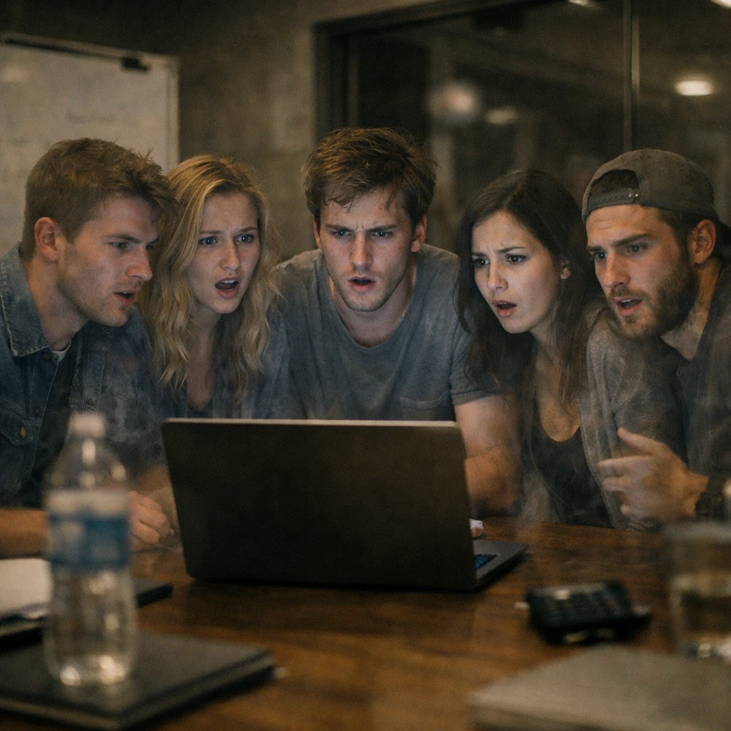 薄暗い会議室で半透明の若い幽霊たちがノートパソコンのSNS広告を驚いた表情で見つめている写真。