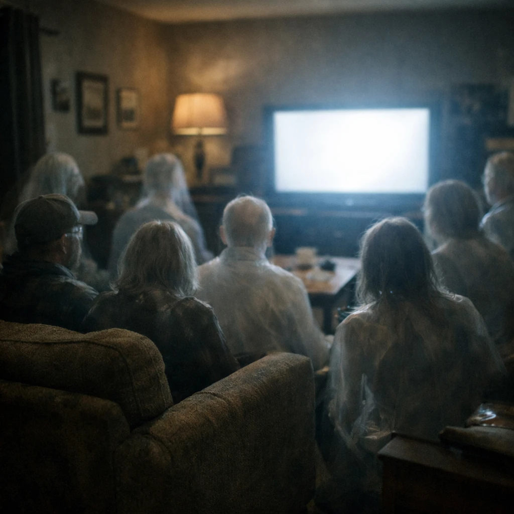 薄暗い部屋で大型テレビの画面を真剣に見つめる複数の半透明な幽霊たちの様子。