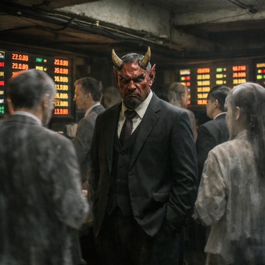 薄暗い地下の取引フロアで鬼のディーラーと幽霊たちが為替レートのボードを見つめている様子。