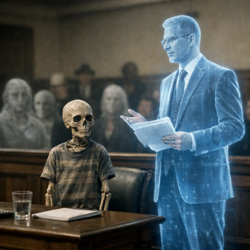 幽霊たちが傍聴席に座る中、透けたAI弁護士のホログラムと骸骨の少年が裁判所に立っている写真。