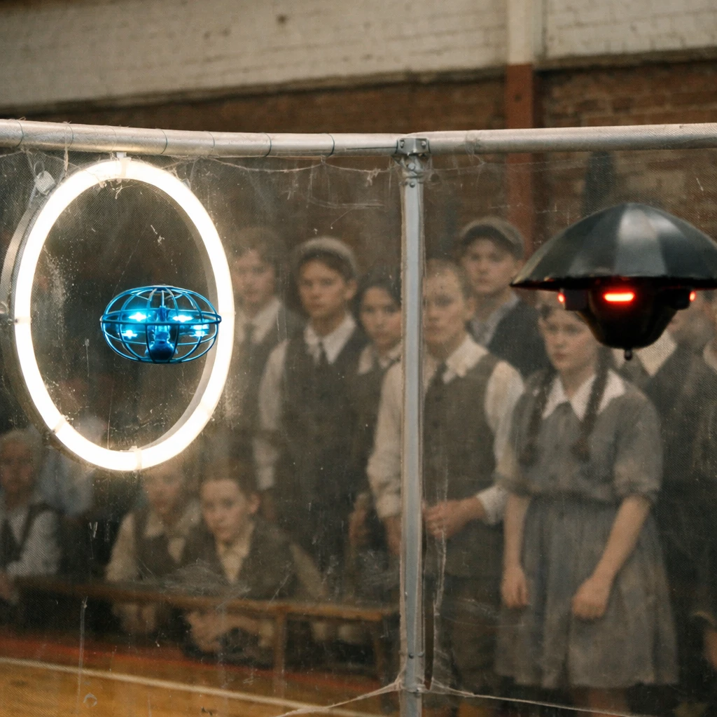 幽霊のような学生たちが体育館で青いドローンがゴール付近に浮かぶ様子を見守っている実写風写真。