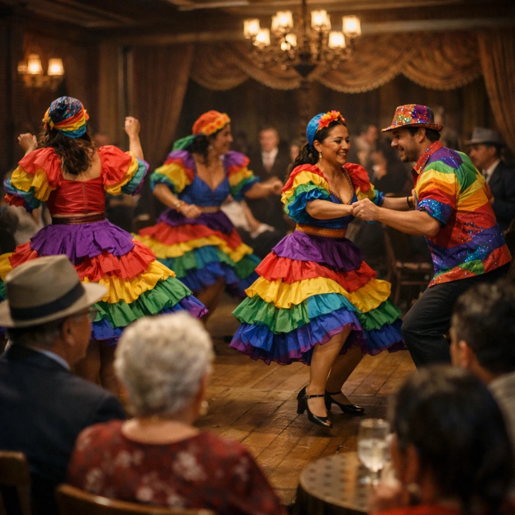 七色の衣装をまとった舞踏団がクラブ内の舞台で踊り、観客が見守る様子の写真。