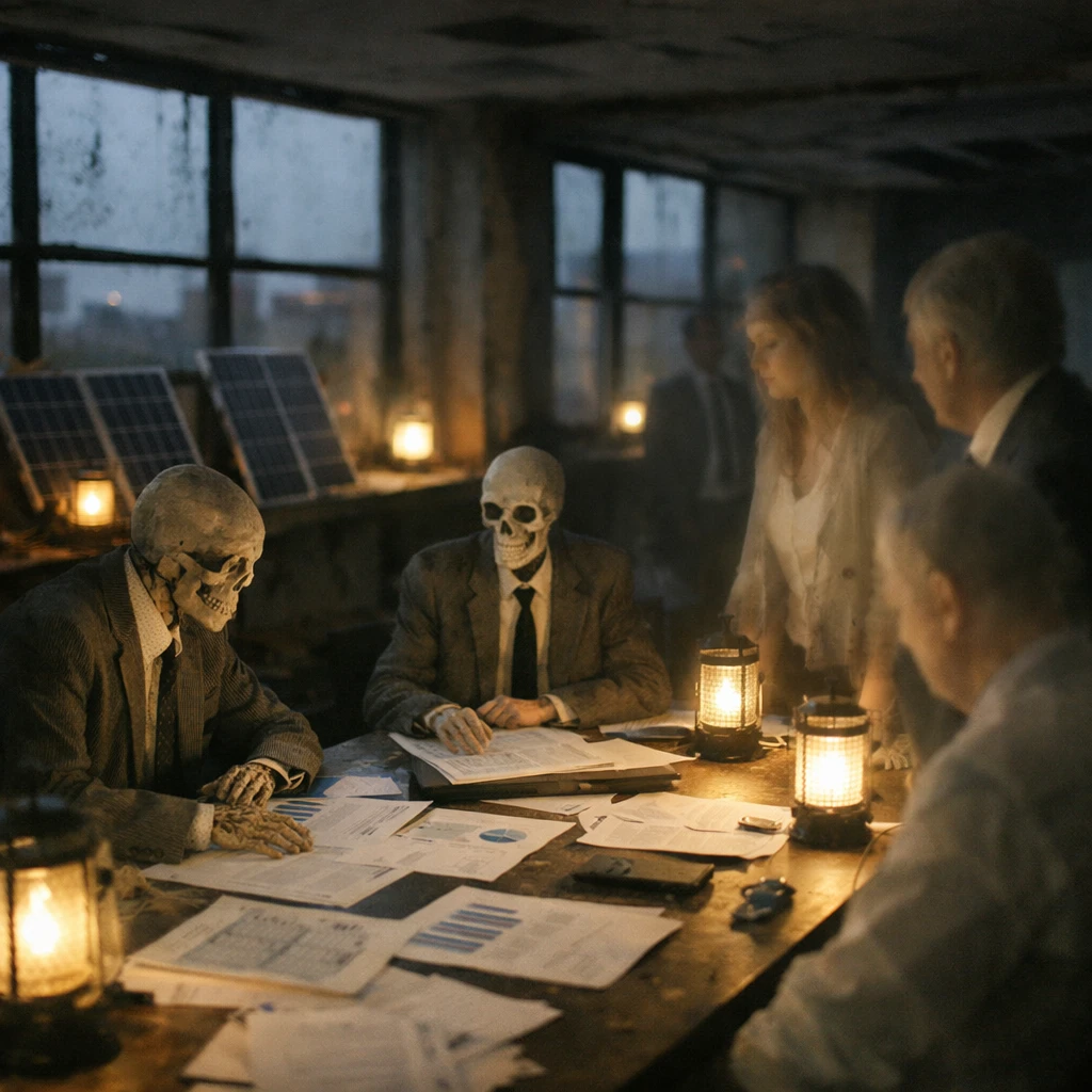 薄暗い廃市役所の会議室で、幽霊や骸骨の姿をした職員たちが書類を囲み議論している様子。
