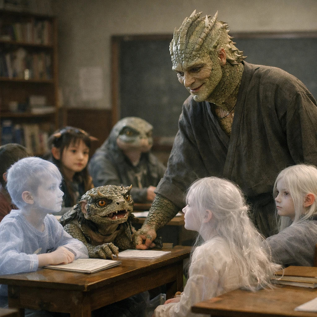 様々な外見の生徒たちと、鱗を持つ先生が教室で対話する様子のリアルな写真。